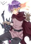  cape glowing glowing_eye heterochromia luka_(mon-musu_quest!) mon-musu_quest! purple_hair solo weapon yatsu_(sasuraino) 