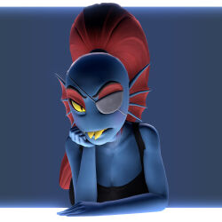  1girl 2017 3d alternate_breast_size alternate_breast_size_(larger) anthro arm_rest bad_id bad_tumblr_id big_breasts black_eyepatch black_tank_top blue_background blue_skin border breasts cleavage colored_sclera colored_skin derivative_work digital_media ear_fins elbow_rest eyepatch female female_only fins fish fish_girl head_fins high_ponytail inactive_account long_hair looking_at_viewer monster monster_girl ponytail red_hair sharp_teeth simple_background slit_pupils solo source_filmmaker_(medium) tank_top teeth undertale undyne utdr_(toby_fox) uwotinfokm8 white_border yellow_sclera yellow_teeth 