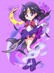 1girl back_bow bishoujo_senshi_sailor_moon black_feathers black_hair blunt_ends boots bow bowtie brooch crescent earrings elbow_gloves falling_feathers feathers glaive_(polearm) gloves happynaru23 heart heart_brooch highres jewelry medium_hair parted_bangs pleated_skirt polearm purple_boots purple_brooch purple_sailor_collar purple_skirt red_bow red_bowtie sailor_collar sailor_saturn shirt silence_glaive skirt smile solo stud_earrings super_sailor_saturn tomoe_hotaru violet_eyes weapon white_gloves white_shirt 