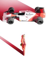  1girl akira_movie_poster animal_ears blue_eyes blunt_bangs bodysuit car ear_covers formula_racer goodyear hair_ornament hairband helmet highres holding holding_unworn_helmet horse_ears horse_girl horse_tail long_hair long_sleeves marlboro motor_vehicle orange_hair race_vehicle racecar racing_suit red_bodysuit shell_(company) silence_suzuka_(umamusume) solo tail toyeeta_prius umamusume unworn_headwear unworn_helmet white_hairband 