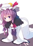  1girl :o all_fours alternate_costume beni_shake breasts capelet cleavage dress frilled_sleeves frills hat long_hair mob_cap patchouli_knowledge purple_hair touhou violet_eyes white_dress wide_sleeves 