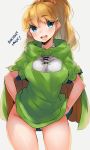  1girl ass_visible_through_thighs blonde_hair blue_eyes blush breasts cape large_breasts long_hair looking_at_viewer naso4 open_mouth ponytail simple_background solo 
