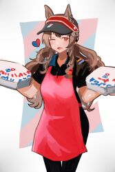  1girl 360_(taiyo360) alternate_costume angelina_(arknights) animal_ears apron arknights black_pants black_shirt box breasts brown_hair collared_shirt cowboy_shot domino's_pizza earpiece employee_uniform english_commentary fang fast_food_uniform fox_ears fox_girl hairband heart highres holding holding_box implied_extra_ears logo long_hair long_sidelocks looking_at_viewer medium_breasts one_eye_closed open_mouth pants pizza_box red_apron red_eyes red_hairband shirt short_sleeves sidelocks skin_fang solo striped_clothes striped_hairband twintails two-tone_hairband visor_cap 