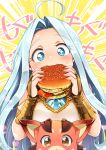  1girl ahoge bare_shoulders blue_eyes blue_hair blush brown_eyes dress eating food granblue_fantasy hamburger highres kamiya_zuzu long_hair lyria_(granblue_fantasy) vee_(granblue_fantasy) 