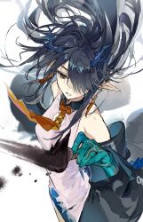  1girl absurdres arknights black_hair blue_horns brown_eyes brush_stroke colored_extremities dragon_girl dragon_horns dress dusk_(arknights) earrings floating_hair gohanduck green_hands hair_over_one_eye highres holding holding_paintbrush horns jewelry long_hair looking_ahead necktie off_shoulder paintbrush parted_lips pointy_ears sleeveless sleeveless_dress solo tassel tassel_earrings white_dress 