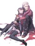  1boy 1girl archer bangs black_hair black_legwear black_ribbon closed_mouth cross fate/stay_night fate_(series) hair_ribbon hand_on_another&#039;s_head hand_on_hand holding_hands hug hug_from_behind long_hair long_sleeves looking_away ochurucchuru pants parted_bangs ribbon simple_background sitting sketch skirt spiky_hair thigh-highs toosaka_rin turtleneck two_side_up watch watch weapon white_background white_hair zettai_ryouiki 
