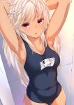  1girl amasora_taichi armpits arms_behind_head arms_up blush breasts commentary_request dark_skin highres long_hair looking_at_viewer name_tag one-piece_swimsuit open_mouth original red_eyes school_swimsuit silver_hair solo swimsuit 