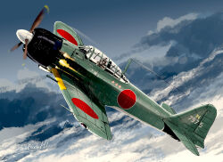  1boy a6m_zero aircraft airplane clouds cloudy_sky flight_suit flying helmet imperial_japanese_navy kill_markings looking_at_viewer matsuda_juukou military military_vehicle original outdoors pilot pilot_helmet propeller propeller_fighter roundel signature sky vehicle_focus world_war_ii 