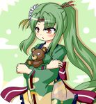  1girl flower_knight_girl green_hair japanese_clothes kimono ponytail solo stuffed_animal stuffed_toy tagme teddy_bear urushi 
