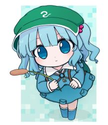  1girl azuma_meri backpack bag blue_boots blue_eyes blue_hair blue_shirt blue_skirt blunt_bangs blush boots cattail closed_mouth collared_shirt commentary_request deformed flat_cap full_body green_bag green_hat hair_bobbles hair_ornament hat highres holding holding_plant kawashiro_nitori key long_sleeves looking_at_viewer plant pocket shirt skirt smile solo standing touhou two_side_up 