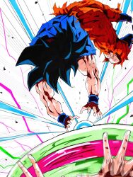  1boy 1girl black_hair blue_shirt dodging dragon_ball dragon_ball_super highres kamehameha_(dragon_ball) kefla_(dragon_ball) medium_hair orange_pants pants pato007711 pov shirt simple_background solo_focus son_goku spiky_hair torn_clothes torn_shirt ultra_instinct_sign white_background 