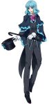  1boy black_hat black_pants black_shoes blue_hair bowtie cane formal gijinkatrainer gloves hat hat_removed headwear_removed lumineon magician male open_mouth pants personification pokemon red_eyes shoes solo source_request suit white_background white_gloves 