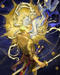  2boys avenoirn closed_eyes cowboy_shot devil_fruit_power english_commentary floating_hair forehead-to-forehead from_side gear_fifth green_hair green_kimono heads_together highres holding holding_sword holding_weapon japanese_clothes katana kimono male_focus monkey_d._luffy multiple_boys multiple_swords one_piece parted_lips purple_sash roronoa_zoro sash sheath sheathed shirt short_hair shorts smile sun sword transformation weapon white_hair white_shirt white_shorts 