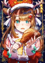  1girl antlers blue_background blush brown_hair center_frills chicken_(food) christmas christmas_stocking commentary_request deer_antlers drooling fang food frills green_eyes hair_ornament hat highres holding holding_food horns juliet_sleeves long_hair long_sleeves looking_at_viewer mouth_drool nail_polish open_mouth original puffy_sleeves red_hat red_shirt shinishi_chiho shirt signature skin_fang solo upper_body 