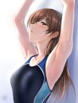  1girl alternate_color armpits arms_up breasts brown_eyes brown_hair competition_swimsuit idolmaster idolmaster_cinderella_girls idolmaster_cinderella_girls_starlight_stage long_hair nitta_minami one-piece_swimsuit solo swimsuit ulrich_(tagaragakuin) 