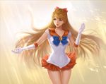  1girl aino_minako bishoujo_senshi_sailor_moon blonde_hair blue_eyes breasts circlet cleavage elbow_gloves gloves hair_ribbon light long_hair miniskirt navel pleated_skirt ribbon sailor_collar sailor_venus sanmeosore_ryuuebi skirt solo very_long_hair white_gloves 