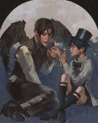  2boys bird bird_on_hand black_hair black_shorts black_socks black_vest black_wings blue_hair bow bowtie ciel_phantomhive crescent ecler_ecler feathered_wings hat highres holding_hands kuroshitsuji looking_at_another male_focus multiple_boys painterly parted_lips sebastian_michaelis seiza shirt short_hair shorts sitting socks vest white_shirt wings 