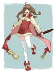  1girl ahoge brown_hair cape coat dress green_eyes hair_ornament hairband hexagram jewelry lilka_eleniak long_hair long_sleeves low-tied_long_hair open_mouth pendant red_cape short_dress sidelocks skirt smile solo star_of_david thigh-highs twintails umbrella white_legwear wild_arms wild_arms_2 witch zipper 