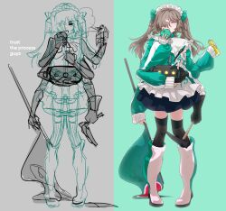 1girl :t absurdres apple black_thighhighs blue_skirt brown_hair chomaeki commentary english_commentary english_text extra_arms flag food fruit full_body green_jacket hair_ornament hair_over_one_eye hatsune_miku highres holding holding_flag holding_food holding_fruit holding_sickle jacket long_sleeves maid_headdress making-of puffy_long_sleeves puffy_sleeves shoes sickle sketch skirt sleeves_past_wrists tensei_ringo_(vocaloid) thigh-highs vocaloid white_shoes wing_hair_ornament