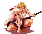  1boy blonde_hair caesar_anthonio_zeppeli cape cosplay facepaint facial_mark green_eyes jewelry jojo_no_kimyou_na_bouken mononoke_hime necklace san san_(cosplay) shirako solo squatting 