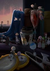  6+boys 6+girls absurdres animal_ears black_dress black_hair black_shoes blonde_hair blue_eyes blue_hair brown_shoes cape cat closed_eyes coat commentary dress english_commentary evillious_nendaiki glass glasses green_eyes green_hair grey_pants gumi hat hatsune_miku highres hiyama_kiyoteru jester_cap kagamine_len kagamine_rin kaito_(vocaloid) long_hair looking_at_another medium_hair multiple_boys multiple_girls pants pink_hair profile rabbit_ears red_cape red_eyes red_hair shabaababa shirt shoes short_hair twintails very_long_hair vocaloid white_hair white_pants white_shirt yellow_coat 