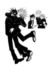  3boys blush boxcutter denpa_shougai full_body gakuran glasses greyscale highres holding holding_boxcutter hug male_focus monochrome multiple_boys multiple_views randal&#039;s_friends randal_ivory school_uniform sebastian_de_tomato_smith_chicken_legs short_hair simple_background tsukada_satoru white_background 