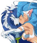  1girl :3 animal_ears bai_mei_(unko1172) blue_hair cat_ears cat_girl closed_eyes felicia fur gallon happy highres hug vampire_(game) werewolf 