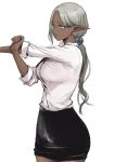  1girl dark_elf dark_skin elf f-cla glasses green_eyes grey_hair long_hair office_lady pencil_skirt pointy_ears skirt solo stretch 