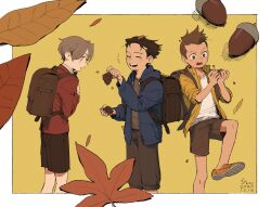  3boys ace_attorney acorn autumn backpack bag black_hair blue_jacket brown_bag brown_hair brown_shirt brown_shorts capri_pants commentary english_commentary erm_nkcn fingernails highres holding_pinecone jacket larry_butz leaf male_focus miles_edgeworth multiple_boys pants phoenix_wright pinecone shirt shorts simple_background white_shirt yellow_background yellow_jacket 