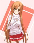  1girl asuna_(sao) brown_eyes brown_hair commentary_request female hand_on_own_chest ichikawa_noa long_hair looking_at_viewer skirt smile solo sweater sword_art_online thigh-highs very_long_hair white_legwear 