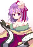  1girl beni_shake breasts cleavage flower hair_flower hair_ornament hieda_no_akyuu japanese_clothes kimono off_shoulder open_mouth purple_hair scroll solo touhou violet_eyes 