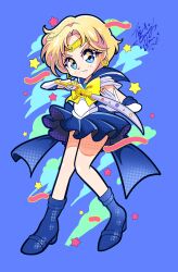  1girl back_bow bishoujo_senshi_sailor_moon bishoujo_senshi_sailor_moon_supers blonde_hair blue_boots blue_bow blue_brooch blue_eyes blue_sailor_collar boots bow bowtie brooch earrings elbow_gloves frown gloves gold_earrings happynaru23 heart heart_brooch high_heels highres hoop_earrings jewelry looking_at_viewer outer_senshi sailor_collar sailor_senshi_uniform sailor_uranus shirt short_hair solo space_sword super_sailor_uranus white_gloves white_shirt yellow_bow yellow_bowtie 