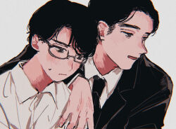  2boys :/ arm_on_another&#039;s_shoulder black_hair black_jacket black_necktie blush brown_eyes collared_shirt curtained_hair film_grain glasses jacket karaoke_iko! lapels long_sleeves looking_ahead looking_down male_focus mature_eyes multiple_boys narita_kyouji necktie nose_blush notched_lapels oka_satomi open_mouth parted_bangs portrait raised_inner_eyebrows shirt short_hair sideburns suit_jacket sweatdrop thick_eyebrows very_short_hair white_background white_shirt winter_fuyu 