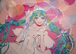  1girl :d alternate_costume balloon bare_shoulders blue_eyes blue_hair blue_ribbon bow collar colored_eyelashes commentary_request crown dated detached_collar dot_nose dress floating_hair grid_background hands_up hatsune_miku highres holding holding_balloon long_hair looking_at_viewer masking_tape_(medium) mixed_media multicolored_eyes multicolored_hair off-shoulder_dress off_shoulder open_mouth photo_(medium) red_lips ribbon ryono smile solo traditional_media twintails twitter_username unconventional_media upper_body very_long_hair vocaloid wedding_dress white_bow white_collar white_dress wispy_bangs 