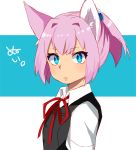  1girl animal_ears blue_eyes cat_ears from_side hair_ornament highres kantai_collection kemonomimi_mode kobone long_hair looking_at_viewer looking_to_the_side pink_hair ponytail ribbon school_uniform shiranui_(kantai_collection) short_hair solo upper_body vest 