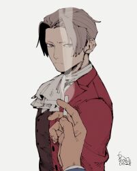  1boy ace_attorney ascot cigarette closed_mouth commentary curtained_hair erm_nkcn grey_eyes grey_hair highres jacket long_sleeves looking_at_viewer male_focus miles_edgeworth phoenix_wright pov red_jacket short_hair simple_background smoke smoke_trail smoking solo_focus upper_body vest white_ascot 
