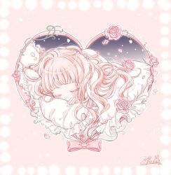  1girl blanket blush closed_eyes colored_eyelashes dreaming fantasy flower frills highres kousagi lying monochrome original pajamas pastel_colors petals pillow pink_hair plant rose sleeping star_(sky) under_covers vines 