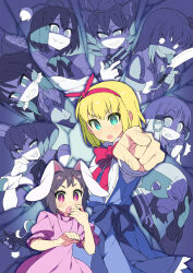  alice_margatroid animal_ears anime_coloring aqua_eyes balding beard black_hair blonde_hair blue_background blue_bow blue_dress blue_theme blunt_bangs blush bow bowtie bright_pupils character_request closed_eyes closed_mouth collar combat_knife commentary_request cowboy_shot cracked_background cup detached_sleeves dot_nose dress evil_grin evil_smile facial_hair facing_to_the_side facing_viewer frilled_bow frilled_collar frilled_sleeves frills from_side furrowed_brow grin gun hair_between_eyes hair_bow hair_ornament hair_tubes hairdressing hakurei_reimu hat holding holding_cup holding_gun holding_knife holding_machete holding_weapon horse inaba_tewi itsumo_nokoru knife kochiya_sanae laughing looking_at_viewer machete medium_hair monochrome neck_ribbon neckerchief nose open_mouth pinafore_dress pink_dress pointing pointing_at_viewer profile puffy_short_sleeves puffy_sleeves puritan_collar rabbit_ears rabbit_girl red_bow red_ribbon revolver ribbon saddle shameimaru_aya sharp_teeth short_hair short_sleeves sidelocks sleeveless sleeveless_dress smile surprised sweatdrop teeth tokin_hat tongue tongue_out touhou tsurime twintails upper_body waist_bow weapon white_eyes white_pupils white_sleeves wrist_cuffs x_hair_ornament 