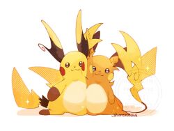 :3 blue_eyes brown_eyes cheek-to-cheek closed_mouth continuo0226 full_body heads_together highres mega_pokemon mega_raichu_x mega_raichu_y multiple_tails no_humans orange_fur pokemon pokemon_(creature) pokemon_focus pokemon_legends:_z-a raichu simple_background tail very_long_ears very_long_tail yellow_fur