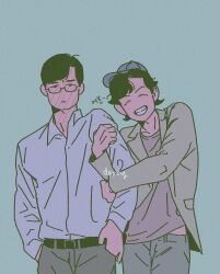  2boys arm_hug baseball_cap black_eyes black_hair cho_sang-woo closed_eyes cowboy_shot expressionless glasses grey_jacket grey_shirt grin hands_in_pockets hat highres jacket limited_palette looking_at_viewer male_focus midriff_peek multiple_boys runlikehellllll seong_gi-hun shirt short_hair smile squid_game white_shirt 