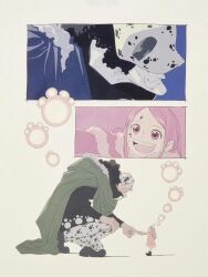  1boy 1girl aged_down animal_ears animal_print bartholomew_kuma bear_ears bear_print black_boots black_hair black_jacket black_shoes boots capelet cloak close-up closed_mouth coat curly_hair devil_fruit_power ears_through_headwear fake_animal_ears father_and_daughter full_body fur_hood green_cloak hand_on_own_knee hat highres holding_another&#039;s_finger hood hood_down hooded_cloak jacket jewelry_bonney kneeling long_hair looking_at_another multiple_views one_piece open_mouth pants pink_capelet pink_coat pink_eyes shoes size_difference smile standing teeth uniqlo upper_teeth_only white_hat white_pants 