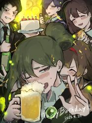  2girls 3boys ahoge ascot beer_mug black_eyes black_jacket blush bottle brown_coat brown_eyes brown_hair cake chiakuta closed_eyes coat collared_shirt confetti cup drunk eyebrow_cut folded_ponytail food green_coat green_hair hair_ornament hairband hairclip happy_birthday highres hod_(project_moon) holding holding_bottle jacket library_of_ruina long_hair long_sleeves looking_at_viewer male_focus malkuth_(project_moon) mug multiple_boys multiple_girls netzach_(project_moon) one_eye_closed open_mouth party_popper project_moon purple_coat purple_hair red_hairband roland_(project_moon) shirt short_hair simple_background undone_ascot upper_body white_shirt yellow_eyes yesod_(project_moon) 