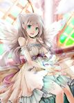  1girl angel_wings bare_shoulders brown_hair collarbone dress feathers frills gradient_hair green_eyes layered_dress long_hair looking_at_viewer multicolored_hair okatsukisei original sitting smile solo strapless_dress twintails window wings 