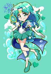 aqua_brooch aqua_gemstone aqua_shoes bishoujo_senshi_sailor_moon bishoujo_senshi_sailor_moon_supers blonde_hair blue_bow blue_bowtie blue_eyes bow bowtie brooch choker circlet clouds deep_aqua_mirror gem gloves green_hair happynaru23 heart heart_brooch high_heels highres jewelry kaiou_michiru long_hair looking_at_viewer magical_girl musical_note outer_senshi parted_hair sailor_collar sailor_neptune sailor_senshi_uniform shoes short_hair skirt smile super_sailor_neptune white_gloves 