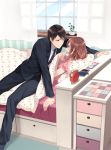  1boy 1girl alarm_clock bed black_hair blush brown_eyes brown_hair candle cellphone clock couple curtains drawer katase_waka looking_at_another nightstand notebook open_mouth pajamas phone plant vase window 
