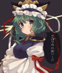  1girl blush green_eyes green_hair hat hat_ribbon highres long_sleeves looking_at_viewer puffy_sleeves ribbon shiki_eiki shirt short_hair solo speech_bubble text touhou translated turtleneck upper_body usamata vest wide_sleeves 