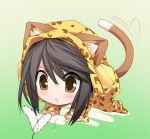  1girl :o animal_ears black_hair blush brown_eyes cat_ears cat_tail chibi commentary_request haruna_(kantai_collection) hooded_jacket ichikawa_noa kantai_collection kemonomimi_mode leopard_print solo tail tail_wagging 