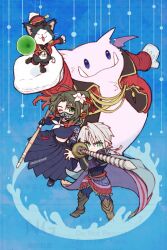  1boy 1girl aerith_gainsborough aerith_gainsborough_(midgard_seventh_high_school) aqua_eyes armor armored_boots bellhop_uniform black_gloves black_mask black_sailor_collar black_shirt blue_cloak blue_eyes boots brown_hair cait_sith_(final_fantasy) cait_sith_(marching_jacket) cat chibi chibi_only cloak colored_tips cosplay crop_top delinquent edgar_roni_figaro edgar_roni_figaro_(cosplay) fangs fangs_out final_fantasy final_fantasy_vii final_fantasy_vii_ever_crisis floral_print flower gloves gold_trim green_eyes grey_hair hair_between_eyes hair_flower hair_ornament hair_ribbon holding holding_megaphone holding_staff holding_sword holding_weapon jacket komm_ec_7 long_skirt mask megaphone midriff moogle mouth_mask multicolored_hair one_eye_closed parted_bangs pauldrons pleated_skirt red_hair red_jacket red_ribbon ribbon sailor_collar sash school_uniform sephiroth sephiroth_(edgar&#039;s_attire) sephiroth_(ever_crisis) shirt short_hair shoulder_armor side_ponytail sidelocks skirt slit_pupils staff sukeban sword tuxedo_cat two-tone_fur waist_sash weapon white_flower white_gloves 