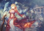  1girl ahoge avamone blonde_hair breasts cleavage colosseum cowboy_shot dress epaulettes fate/extra fate_(series) green_eyes hair_ribbon highres outstretched_arm planted_sword planted_weapon red_dress ribbon saber saber_extra solo_focus sword weapon wind 