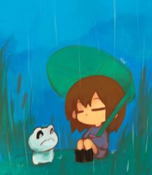  1other 2016 2d ambiguous_gender animal ankle_boots black_boots blue_shirt blue_shorts boots brown_hair cattail child creature delomia digital_media duo frisk_(undertale) frog froggit grass horizontal-striped_clothes human knees_up outdoors pink_stripes rain shirt short_hair shorts sitting striped_clothes striped_shirt two-tone_shirt undertale utdr_(toby_fox) 